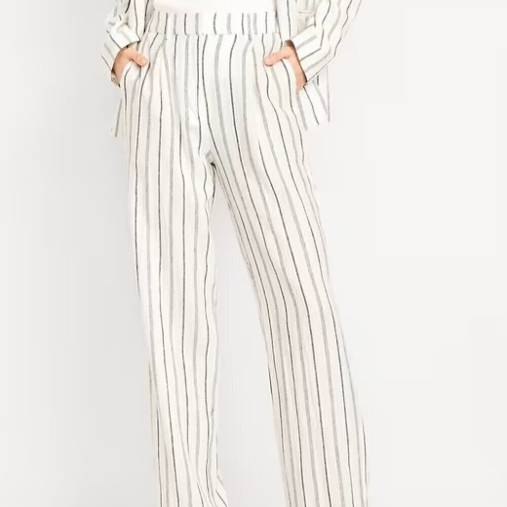 Old Navy XL Gray Striped Linen Extra High Rise Pockets Taylor Wide Leg Trouser